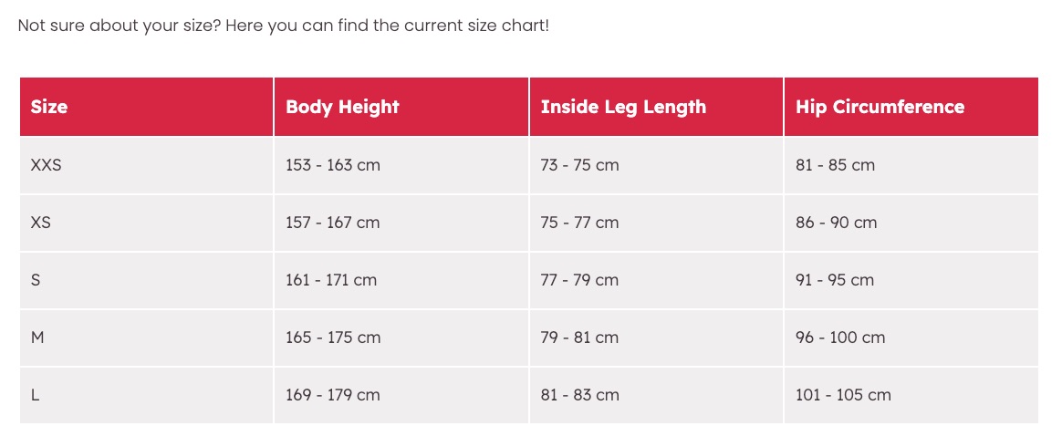 Size chart Redchili Wo Mescalito Pants