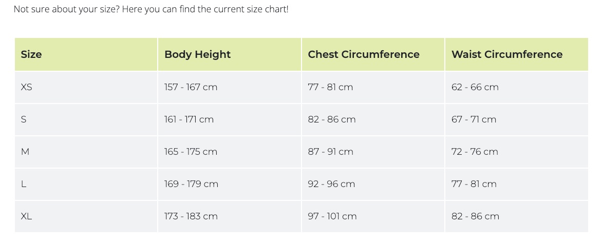 Size chart Edelrid WO HIGHBALL T-SHIRT