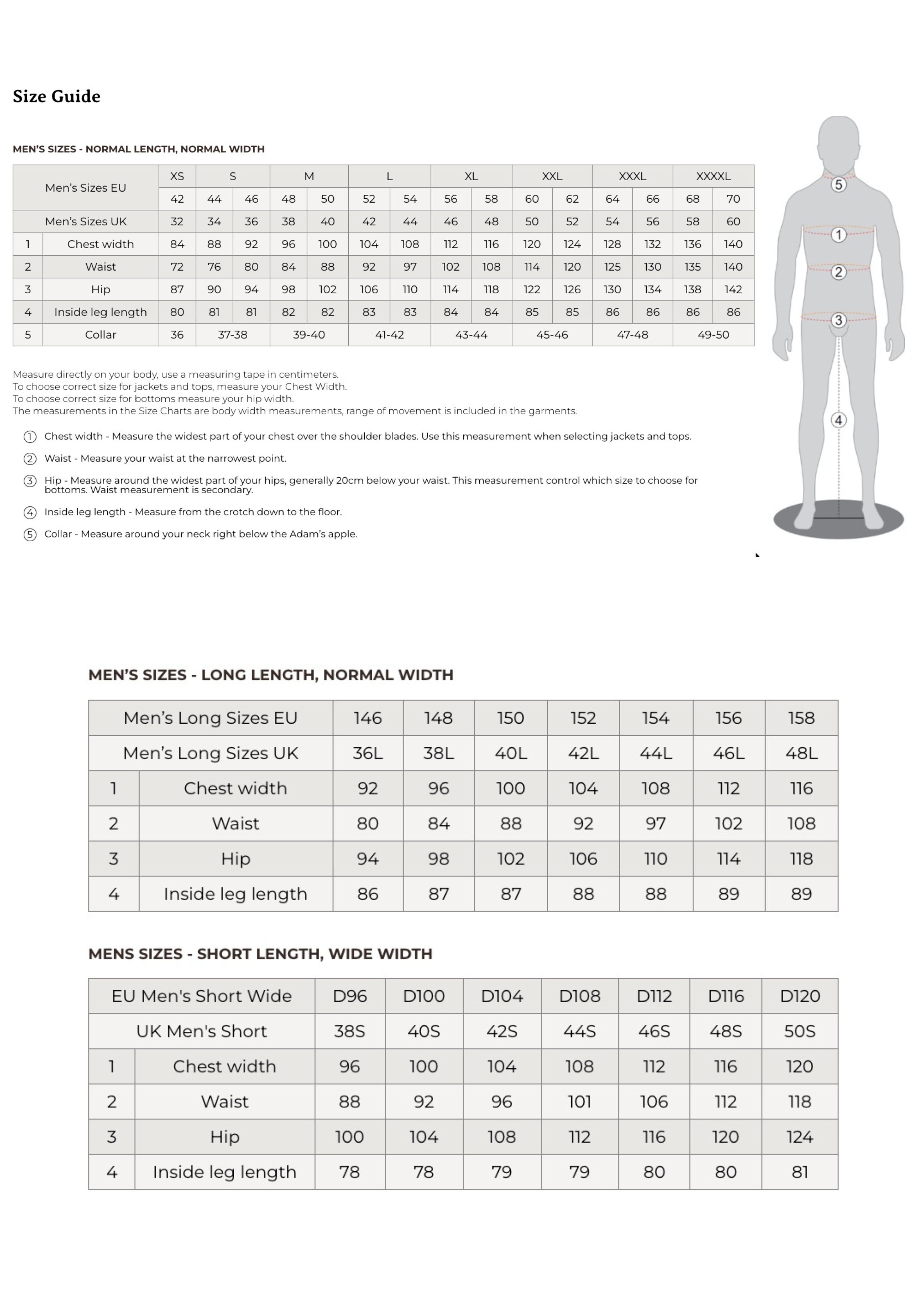 Chevalier-Men's clothing Size guide