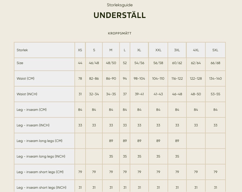 Härkila Storleksguide - Underställ Byxa Män