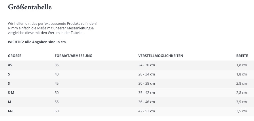 Grössentabelle Hunter Halsband Amalfi