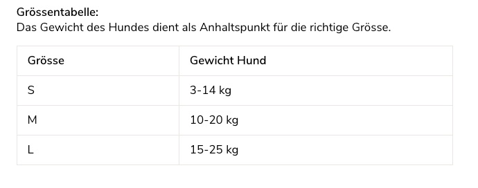 Grössentabelle Beat Grossenbacher Welpengeschirr Puppy