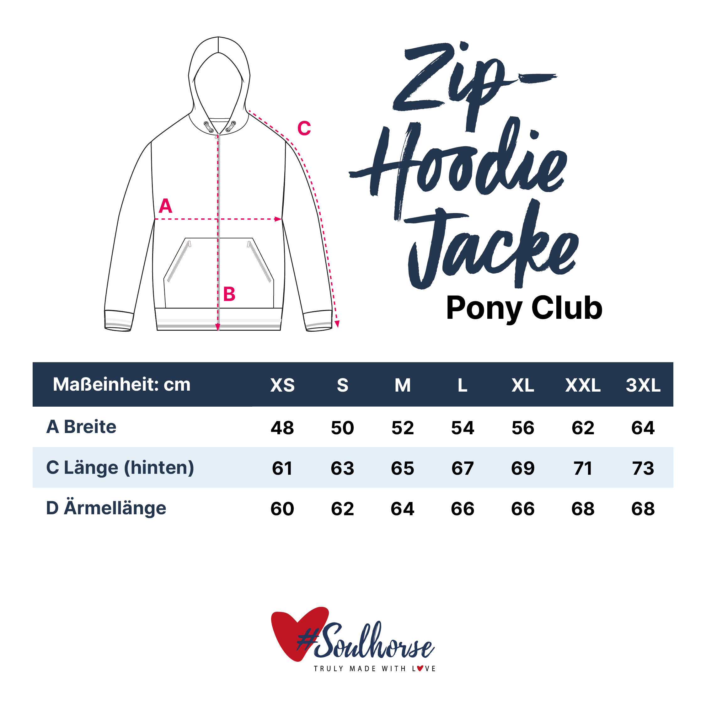 Grössentabelle Zip-Hoodiejacke Pony Club